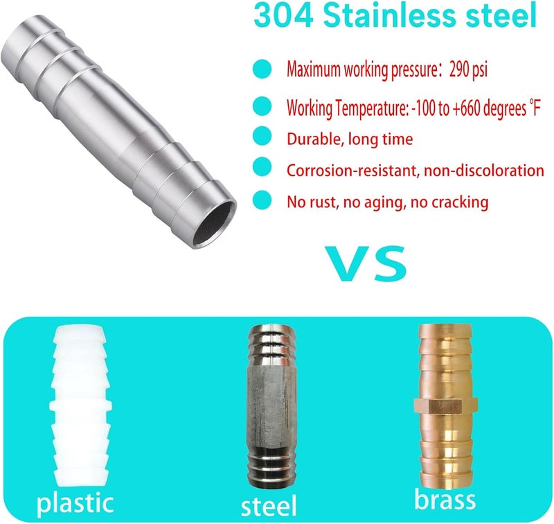 CbeeSo 304 Stainless Steel 5/16" Hose Barb to 5/16" Hose Barb Splicer Mender Round Union Coupler Fitting for Water/Fuel/Air (Pack of 2) - Image 3